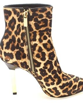 Michael Kors Leopard Pointed Stiletto Ankle Boot Bootie Gold Heel